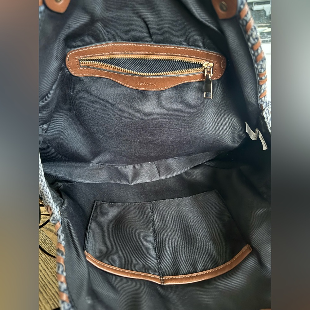 Woven Round Navy Tote Bag with Brown Trim - Picture 4 of 4